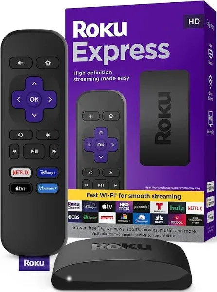 Roku Express | HD Roku Streaming Device with Standard Remote (No TV Controls), F