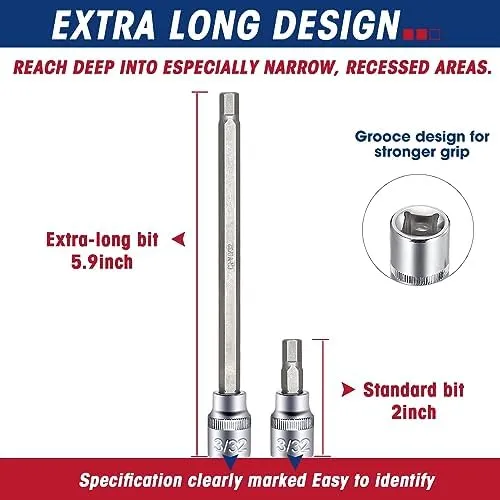 RIZOM 18-Piece 3/8 Inch Drive Extra Long Allen Hex Bit Socket Set, SAE &amp; Metr...