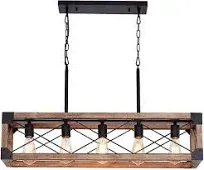 Airposta Kitchen Island Lighting, 33.5-Inch 5 Lights Farmhouse Linear Chandelier for Dining Room Pool Table Pendant Light Fixture, Rustic Wood Grain Finish, Industrial Pendant Light