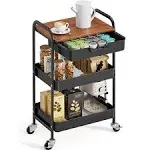 3-Tier Utility Rolling Cart with Wooden Board and Drawer