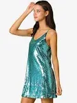 Allegra K Women's Halloween Glitter Sequin Spaghetti Strap V Neck Party Cocktail Sparkly Mini Dress Teal Blue Large