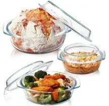 Set of 3 Clear Round Glass Casserole Dishes with Lids - 0.65L, 1L, 1.4L