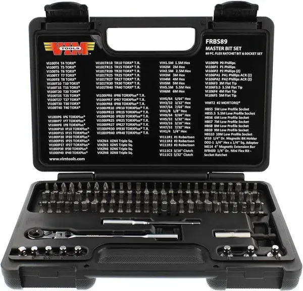 VIM Tools Flex Head Ratcheting Wrench Set - 89pc 1/4in Drive 3-Way Ratcheting Screwdriver Set with Bits and Sockets