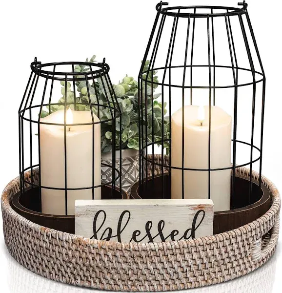 Rustic Farmhouse Lantern Decor Set of 2 - Stylish Decorative Lanterns for Your Living Room, Fireplace Mantle or Kitchen Dining Table - Modern