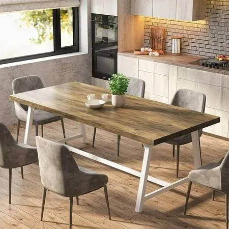 Tribesigns Dining Table for 8 People, 70.87-inch Rectangular Wood Kitchen Table with Strong Metal Frame, Modern Large Long Dining Room Table for Big Family (White and Gold, No Chair)