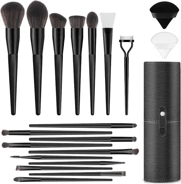 Professional Makeup Brush Set, LUXBRU 20PCs Makeup Brushes with Foundation Eyebrow Blending Concealer Blush Eyeshadow Contour Powder Brush, Make Up Brushes Kit with Travel Case & 2 Powder Puff-Black