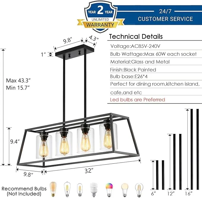 Senyshilon Black Farmhouse Chandeliers for Dining Room Rustic Kitchen Island Light Fixture