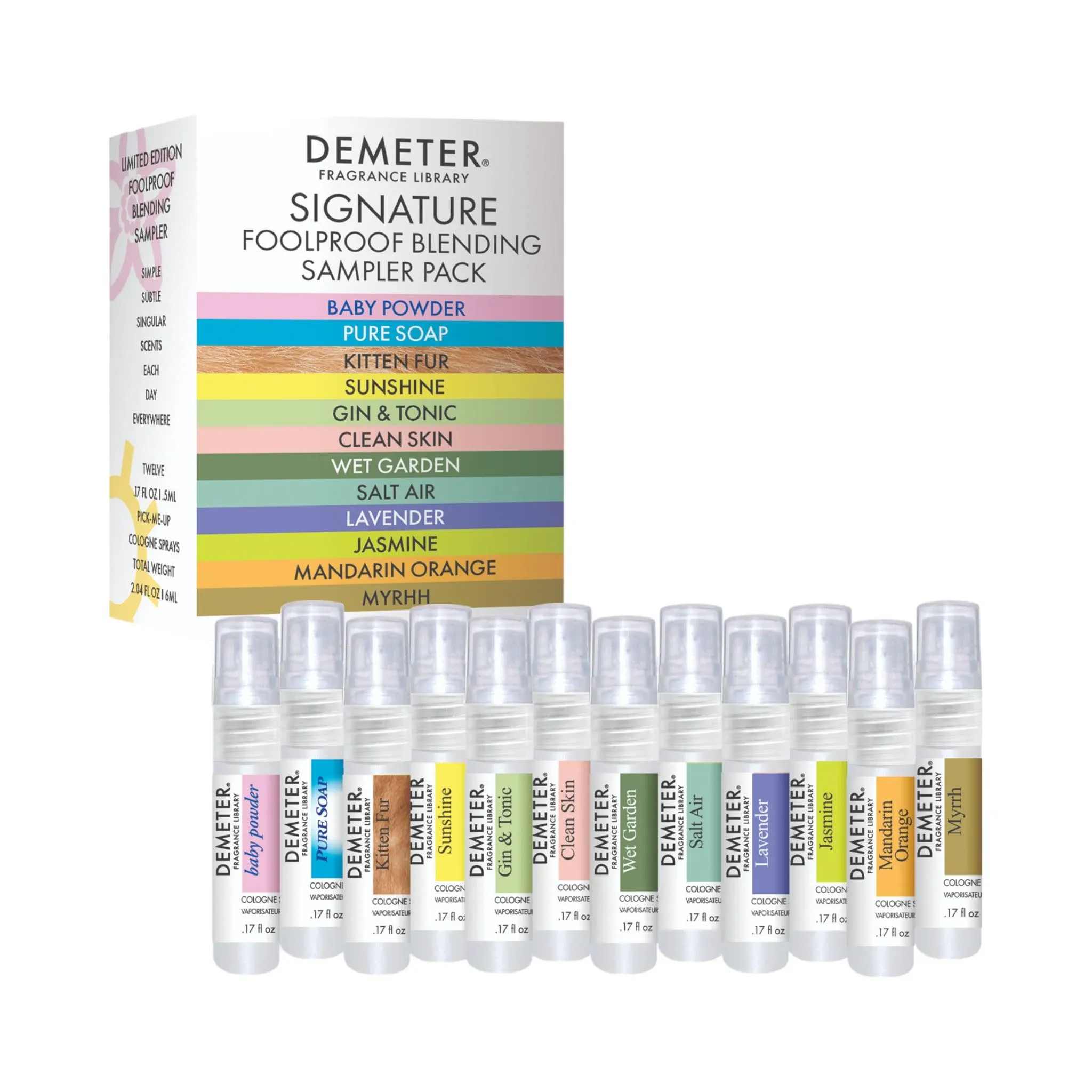 DEMETER Fragrance's Signature Foolproof Blending Perfume Sampler Set of 12 - Baby Powder - Pure Soap - Kitten Fur - Sunshine - Gin & Tonic - Clean Skin - Wet Garden - Salt Air - Lavender - & More