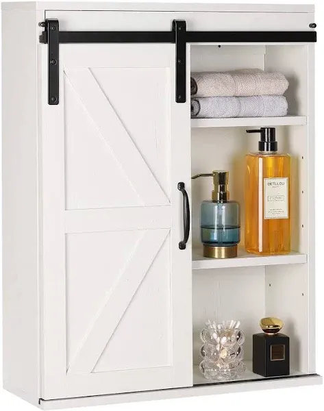 Rustown Farmhouse Wood Wall Storage Bathroom Cabinet w/ Sliding Barn Door White