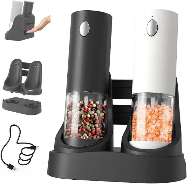 CIRCLE JOY Electric Salt and Pepper Grinder Set Automatic Salt and Pepper Grinder Set with Easy-to-Carry Charging Base and LED Light, Adjustable Coarseness, USB Rechargeable, Washable Container, Black