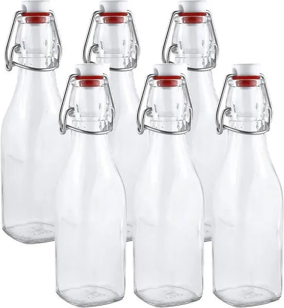 Swing Top Easy Cap Clear Glass Bottles with Caps, Round, 8.5 oz, Set of 6 - S...