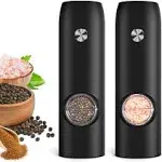 Electric Salt and Pepper Grinder Set of 2, Automatic Operation Salt Pepper Mill Sets with Adjustable Coarseness, Battery Powered，Spices and seasoning grinders (Black)