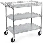 WDT Heavy Duty 3 Tier Rolling Utility Cart, Kitchen Cart On Wheels Metal Serving Cart Commercial Grade with Wire Shelving Liners and Handle Bar for