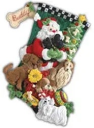 86054 SANTA PAWS Puppy Dog DOGS Bucilla 18&#034; Christmas Stocking Jeweled Felt Kit