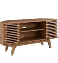 Render Mid-Century Modern Low Profile 46&#034; Corner Media TV Stand in Oak, 15 X 46 