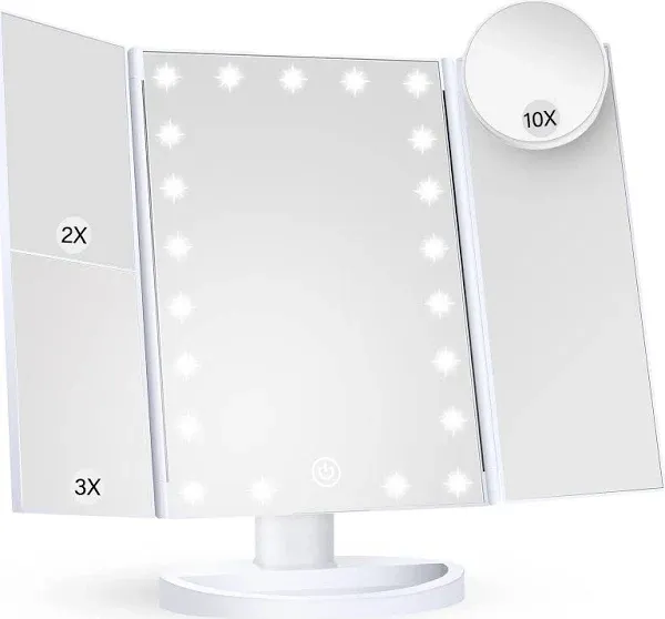 HUONUL Makeup Mirror Vanity with Lights, 2X 3X 10X Magnification, Lighted Mirror, Touch Control, Trifold Dual Power Supply, Portable LED Women Gift (Black)