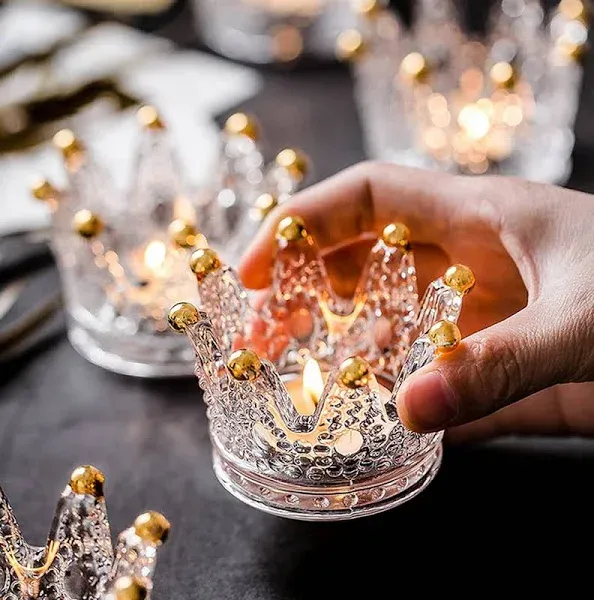 Votive Candle Holders Set of 6 Crown Glass Tealight Candle Holder for Wedding...