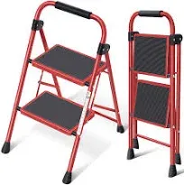 KINGRACK 2 Step Ladder,Step Ladder 2 Step Folding,Kitchen Ladder with Anti-Slip and Wide Pedal,Small Step Ladder with Handrails,Lightweight Portable Step Ladder for Kitchen Household,Red