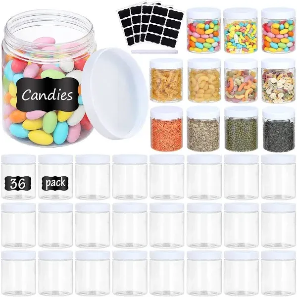 OUSHINAN 36PCS 8OZ Plastic Jars with Screw On Lids, Pen and Labels Refillable Empty Round Slime Cosmetics Containers for Storing Dry Food