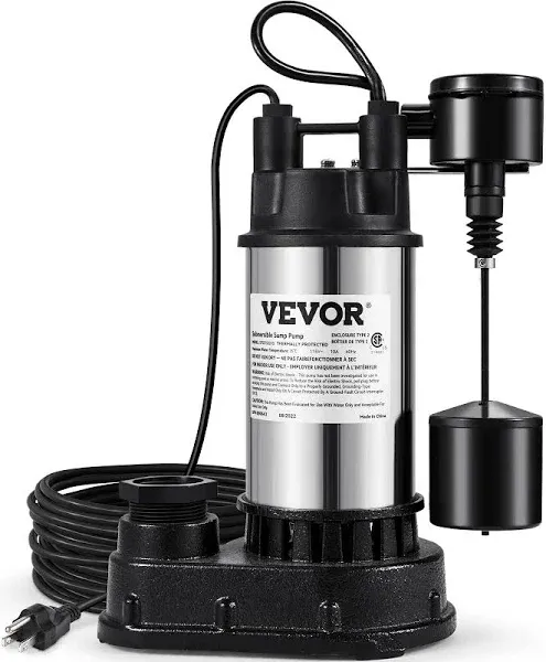 VEVOR 33Ft Sewage Pump 1.5HP Sump Pump 6000GPH Submersible Dirty Water Pump1