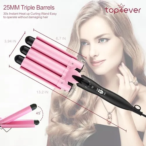 3 Barrel Curling Iron Hair Crimper , Top4ever 25mm(1 inch )Professional Hair Curling Wand with Two Temperature Control ,Fast Heating Portable Crimpers