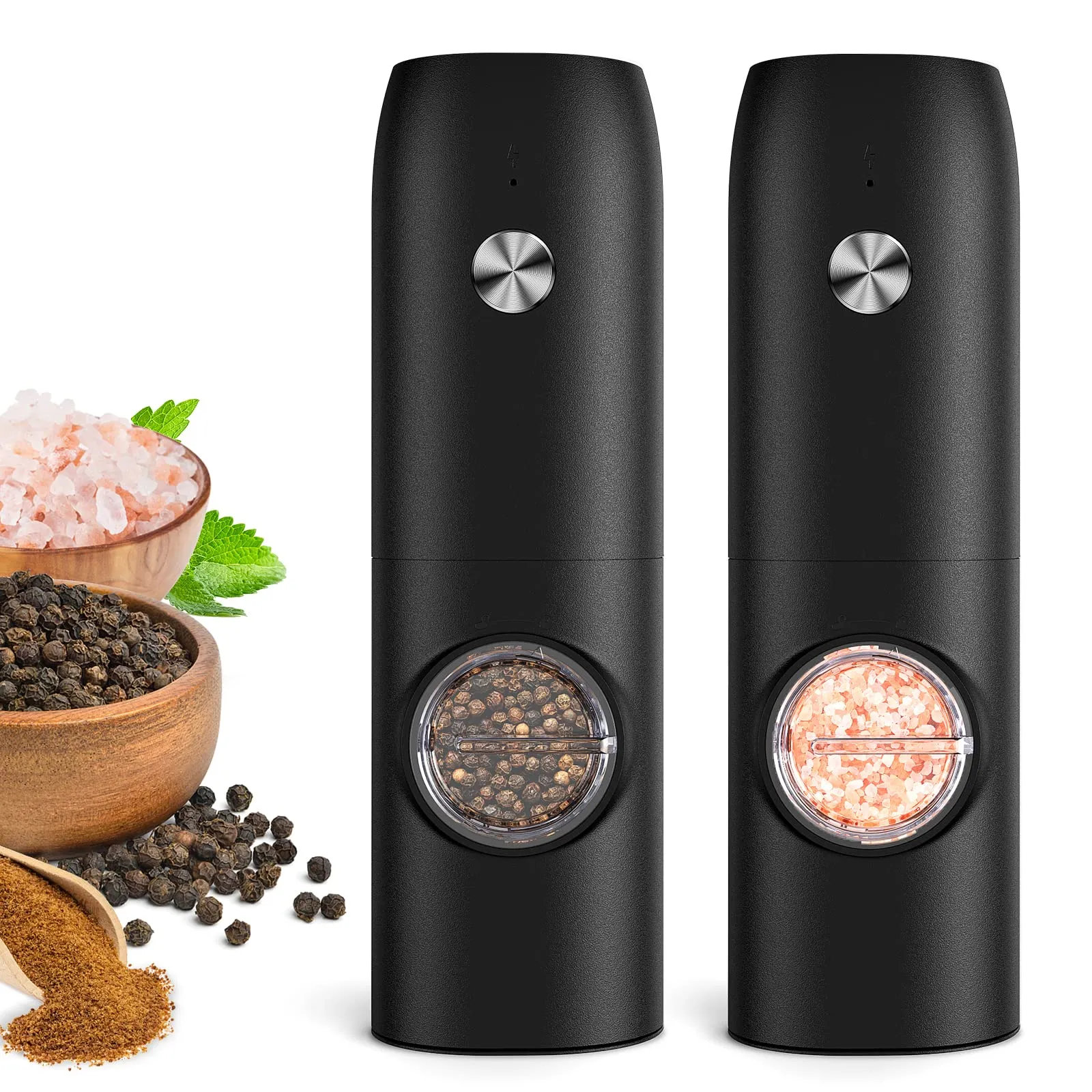 Electric Salt and Pepper Grinder Set, Rechargeable Automatic Pepper Mill Grinder with LED Light, Adjustable Coarseness shakers, One-Hand Operation for Kitchen(2 Pack,Black+Black)