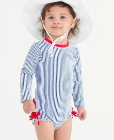 RuffleButts Baby/Toddler Girls Seersucker Long Sleeve One Piece Rash Guard Swimsuit with UPF 50+ Sun Protection