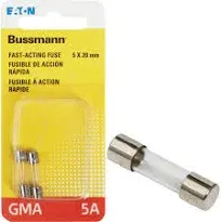 Bussmann BP/GMA-5A 5 Amp Glass Fast Acting Cartridge Fuse, 125V Carded UL Listed, 2-Pack, Pack of 1, No Color