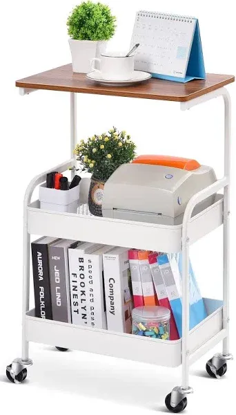 Utility Cart with Wooden Table Top, 3-Tier Metal Storage Cart, White Trolley ...