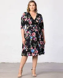 Kiyonna Plus Size Essential Midi Wrap Dress with Sleeves | Cocktail, Party, Wedding Guest or Work