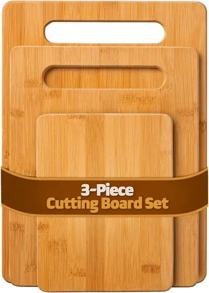 Bambüsi Bamboo Cutting Board Set - 3-Piece Wooden Kitchen Boards for Food Prep and Chopping Fruits Vegetables