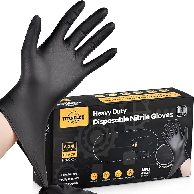 TitanFlex Disposable Nitrile Exam Gloves, 6-mil, Black, Heavy Duty Disposable Gloves, Cooking Gloves, Latex Free, Powder Free