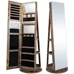 360° Rotating Mirrored Jewelry Cabinet Armoire 3 Color LED Modes Lockable Coffee