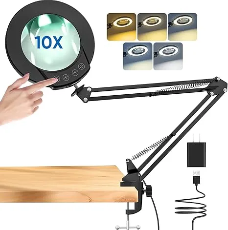 10X Magnifying Glass with Light and Clamp, Real Glass Lighted Magnifier with 5 Color Modes & Stepless Dimmable, Hands Free Desk lamp for Hobbies, Crafts, Reading and Close Work (Black)