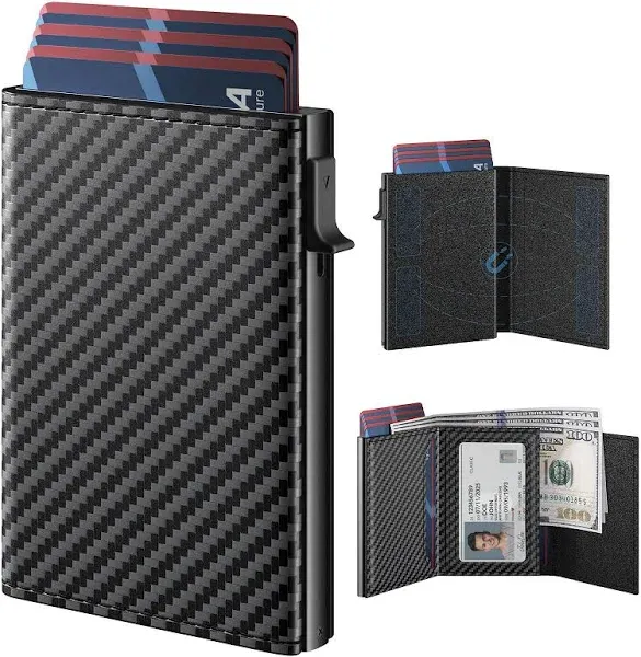 typecase Mens Wallet Card Holder: Pop Up Aluminum Case, Genuine Leather, Smart, RFID Blocking, Slim, Minimalist, Front Pocket - 9-14 Card Capacity | ID Window | Cash Slot (Carbon Fiber)