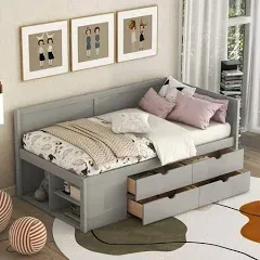 L-Shaped Daybed with Storage Drawers and Bookcase Shelves,Captains Corner Day Bed for Kids Boys Girls Adults,Twin Size-White