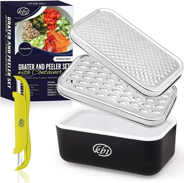 KitchenBe1 Cheese Grater with Container, Lid, and Peeler Set