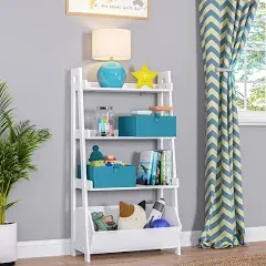 Kids 4-Tier 13 in Ladder Shelf W/ Toy Organizer &amp; 2pc Gray Bins Sturdy Home New