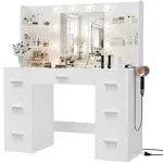 Furmax Vanity Desk with Mirror, LED Lights, Power Outlet, Makeup Vanity Table, 7 Drawers