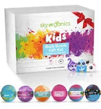 Sky Organics Kids Bath Bombs Gift Set with Surprise Toys 6x5oz Fun Assorted Colored XL Bath Fizzies