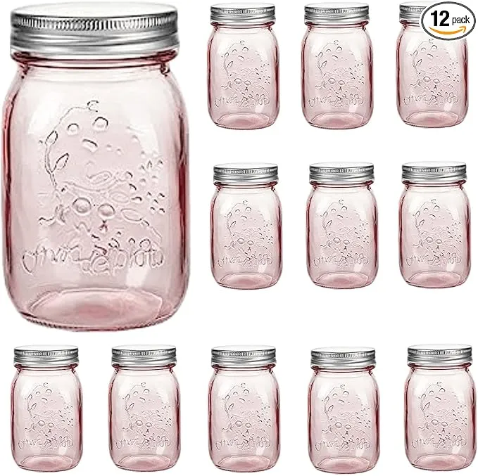 Amzcku 16 oz Rose Pink Mason Jars with Lids (6 Pack)