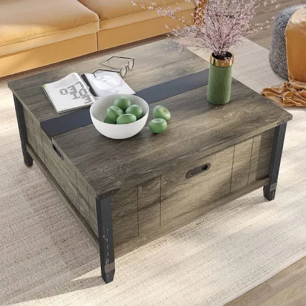 Bestier Farmhouse Coffee Table, Square Wood Center Table with Large Hidden Storage Compartment for Living Room, Rustic Cocktail Table with Hinged Lift