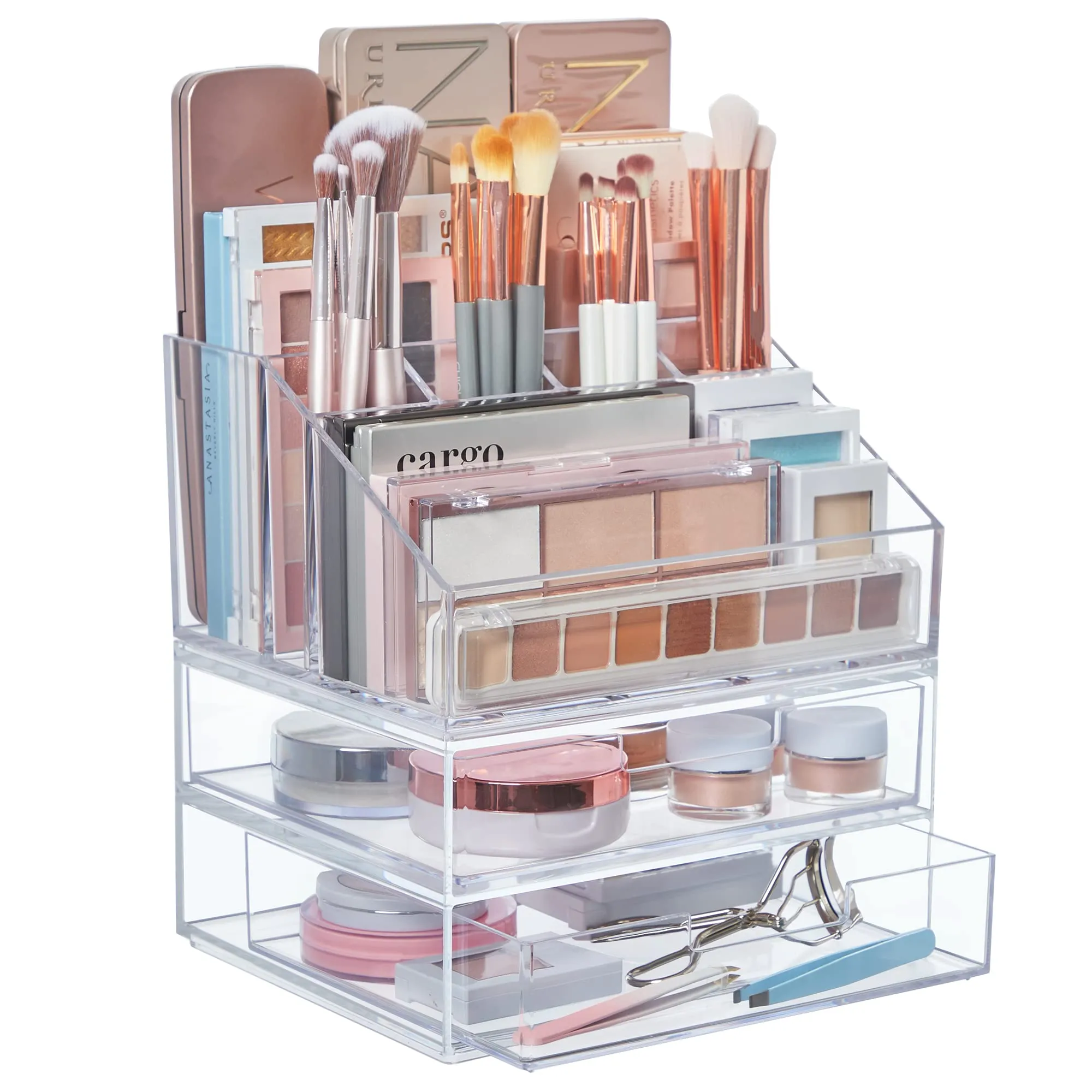 Stori Chloe Stackable Clear Makeup Holder and Double Organizer Drawer Set