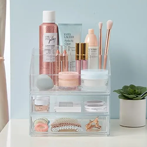 Stori Chloe Stackable Clear Makeup Holder and Double Organizer Drawer Set