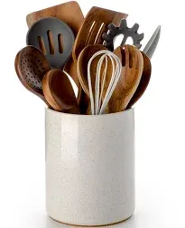 Nucookery Utensil Holder, 6.4" Ceramic Kitchen Utensil Holder for Countertop with Protection Cork Bottom, Vintage Farmhouse Kitchen Decor for Counter (Sand)