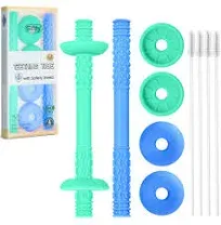 Giftty Teething Tube with Safety Shield - Baby Hollow Teether Sensory Toys & Gum Massager for 3-12 Months Boys Girls, BPA-Free Food-Grade Silicone, 1 Pair with 4 Cleaning Brush Included(Emerald+Gray)