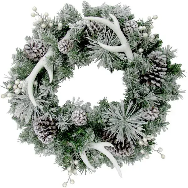 Fraser Hill Farm 24-In. Christmas Frosted Wreath with Pinecones, Berries, and Antler 