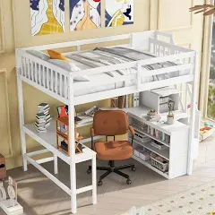 Harper &amp; Bright Designs Multifunctional Full Size Loft Bed with Stairs and Desk in White