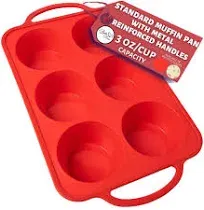 Silicone Muffin Pan with Handles, 6 Cup Regular Size (6 Cups), Red 