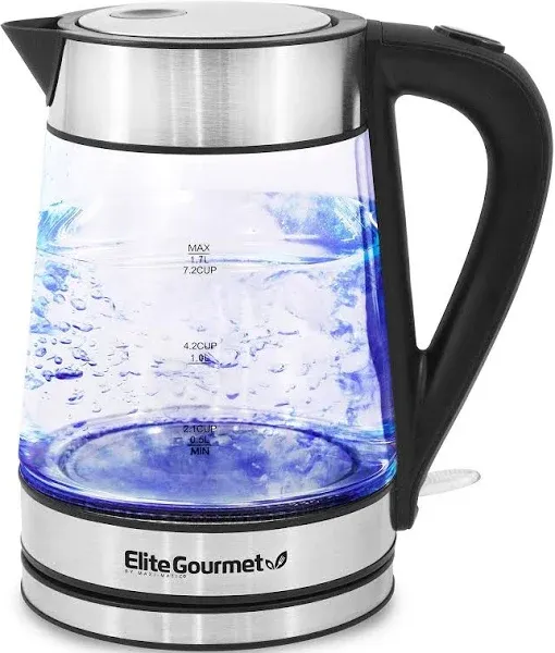 Elite Gourmet EKT602X Glass Electric Tea Kettle Hot Water Heater Boiler BPA-Free with Blue LED Interior, Fast Boil and Auto Shut-Off, Strix Controller, 1.7L, Stainless Steel